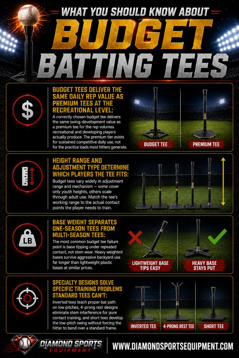 Budget Batting Tees WYSK infographic covering tee height adjustment, base stability, specialty tee designs, and budget batting tee buying considerations.