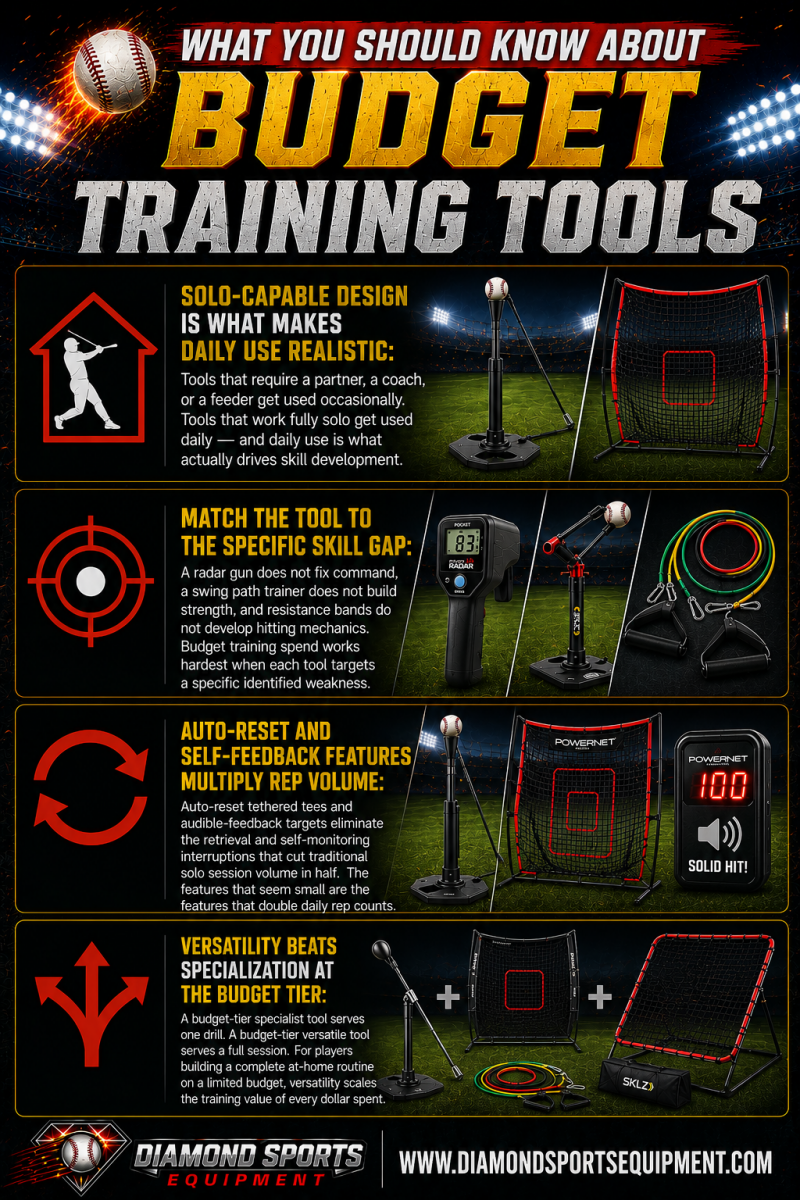 Budget Training Tools WYSK infographic covering solo-use training tools, skill-specific equipment, self-feedback features, and versatile budget training solutions.
