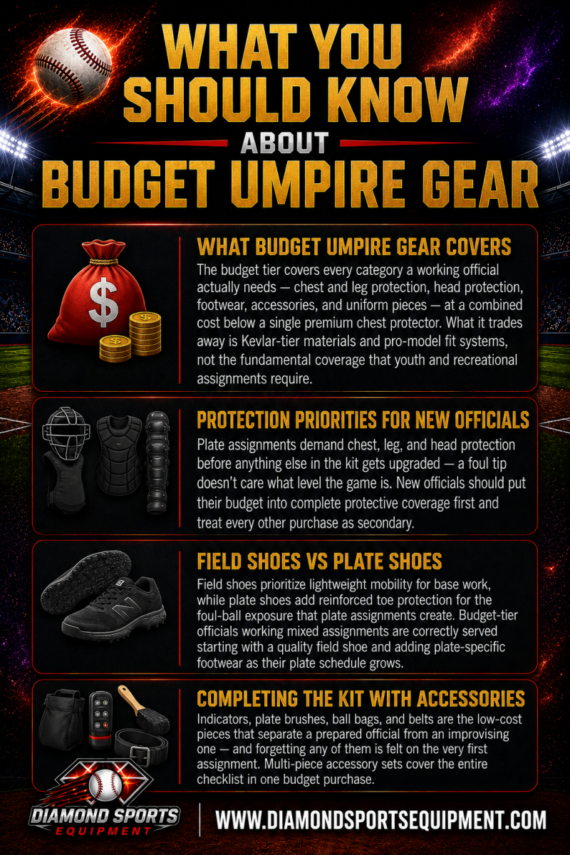 Budget Umpire Gear WYSK infographic covering protection priorities, footwear selection, accessories, and budget umpire equipment essentials for new baseball and softball officials.