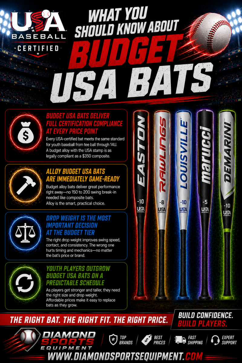 Easton Speed USA (-10), Rawlings Raptor USA (-8), Louisville Slugger Atlas USA (-10), Marucci F5 USA (-5), and DeMarini Voodoo USA (-10) featured in the Budget USA Bats infographic.