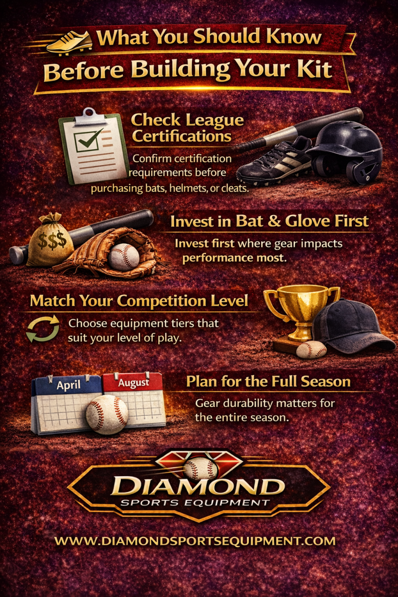 Slowpitch softball gear guide infographic showing key equipment decisions for building a complete player kit