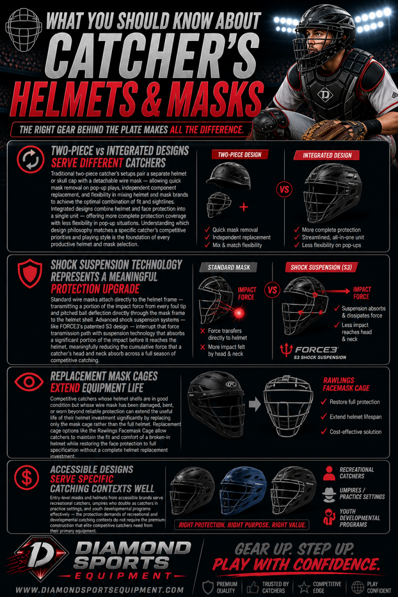 Catcher’s helmets and masks infographic highlighting design types, protection technology, replacement options, and use cases on a dark background with Diamond Sports Equipment branding.