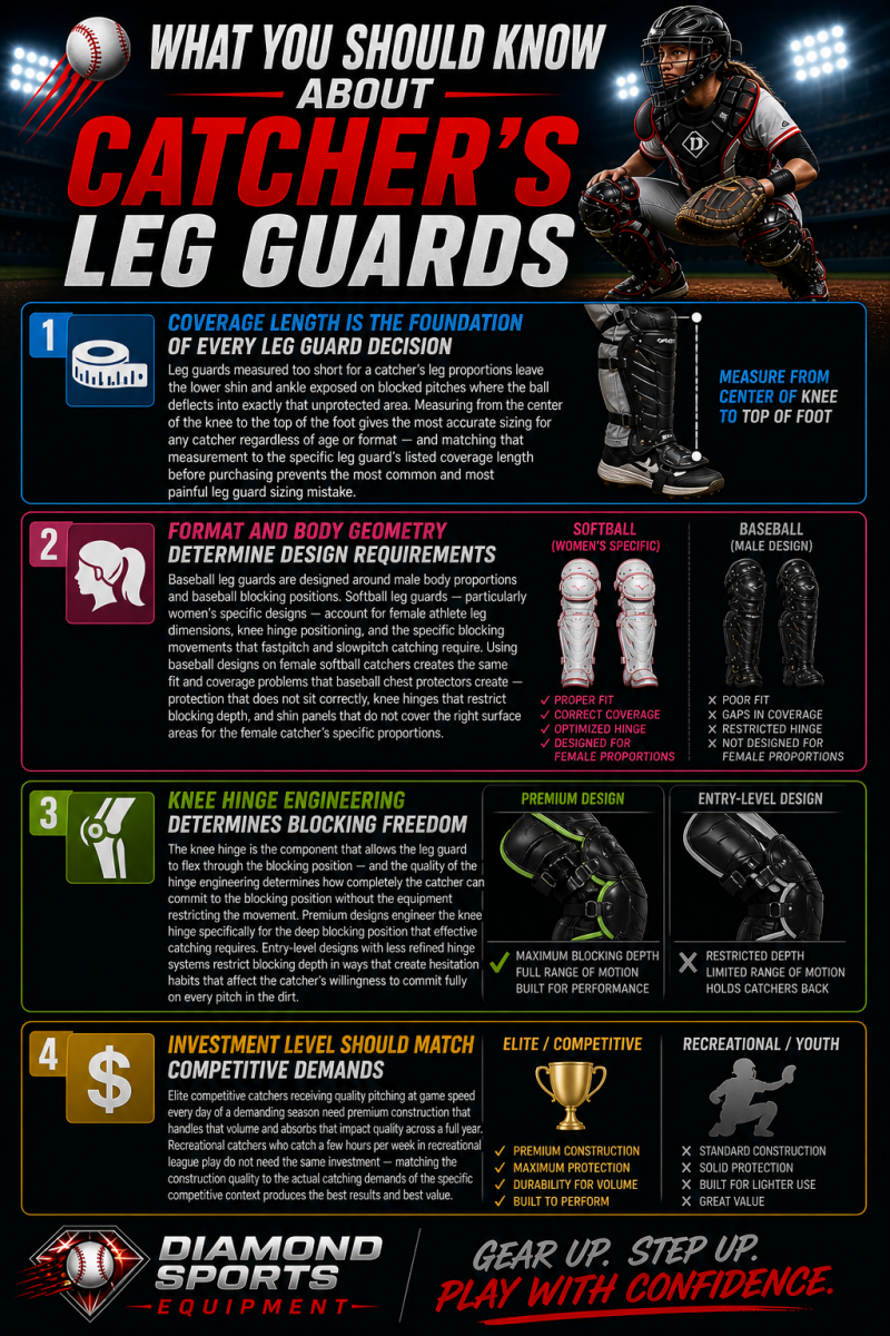 Catcher’s leg guards “What You Should Know” infographic highlighting coverage length, format differences, knee hinge design, and investment level on a dark stadium background with Diamond Sports Equipment branding and URL in the bottom left.