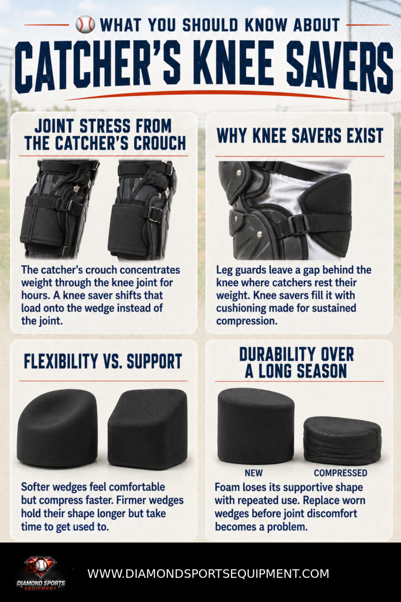 Catcher's knee saver guide showing joint stress in the crouch, why knee savers exist, flexibility versus support, and foam durability over a season.