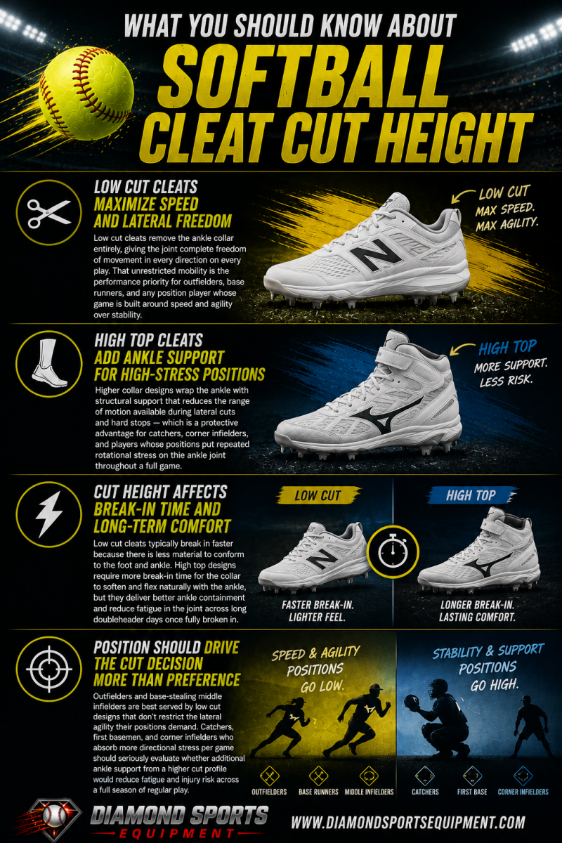 Softball cleat cut height infographic featuring New Balance low cut softball cleats and Mizuno high top softball cleats for fastpitch speed, agility, and ankle support.