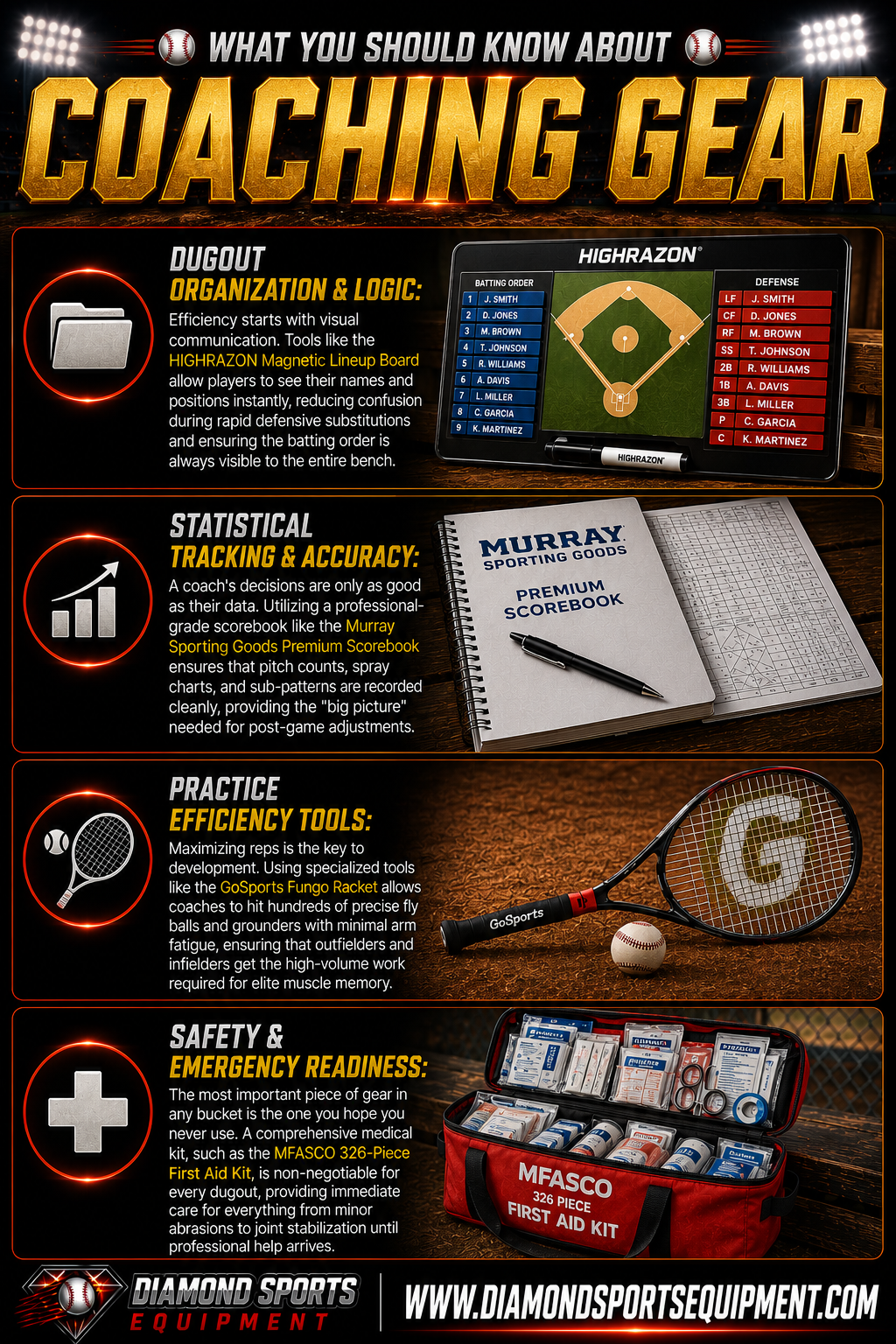 Coaching gear infographic covering dugout organization, lineup management, scorekeeping, practice efficiency tools, and first aid preparedness for baseball and softball coaches.