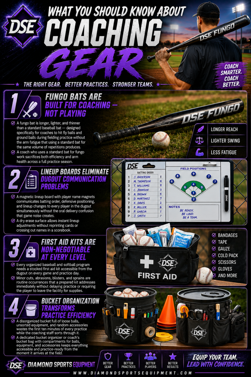 Coaching Gear infographic featuring fungo bats, lineup boards, first aid kits, and baseball bucket organizers for baseball and softball coaches.