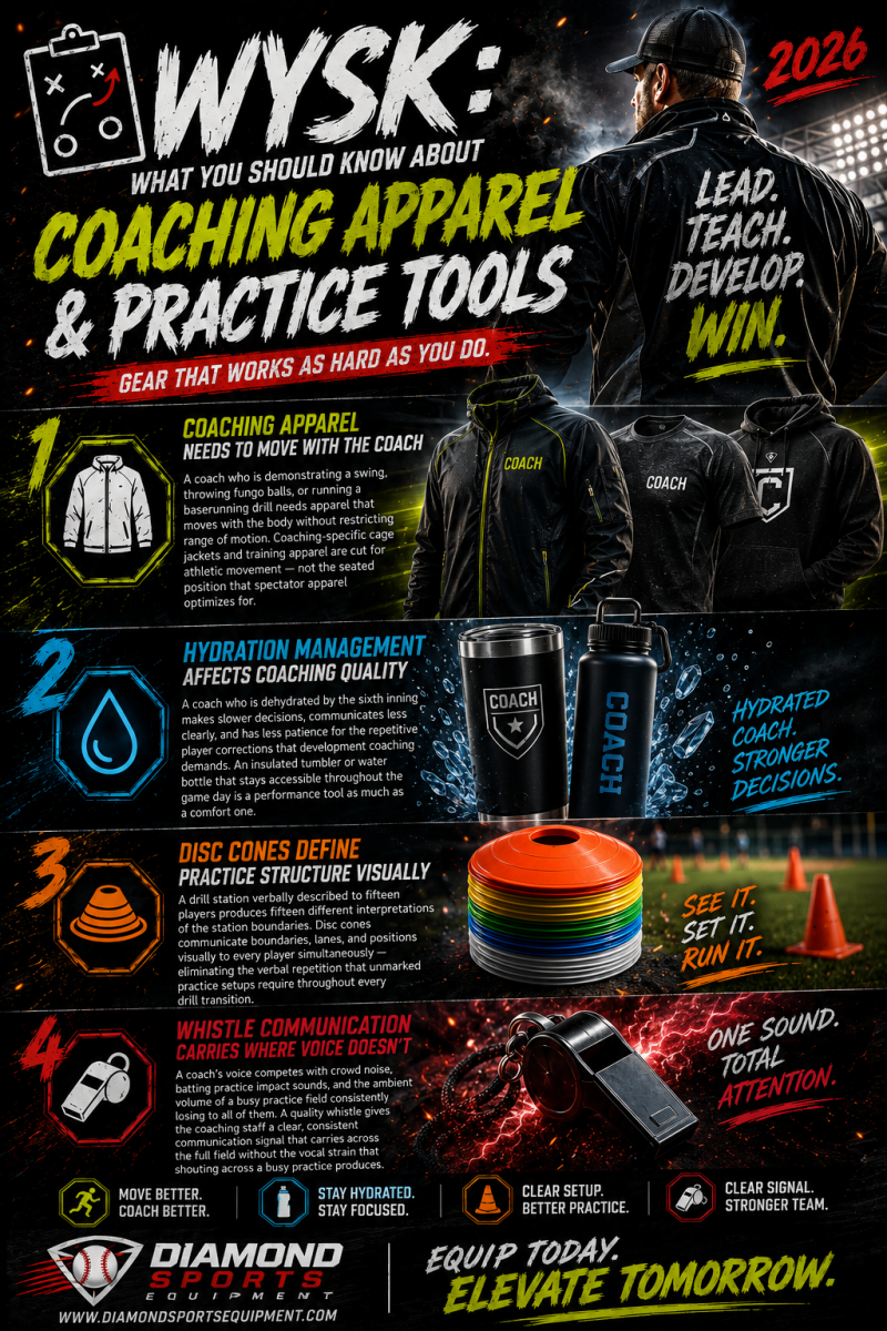 Coaching Apparel & Practice Tools infographic featuring baseball coaching jackets, hydration bottles, disc cones, whistles, and high-energy practice gear with dramatic sports lighting and Diamond Sports Equipment branding.