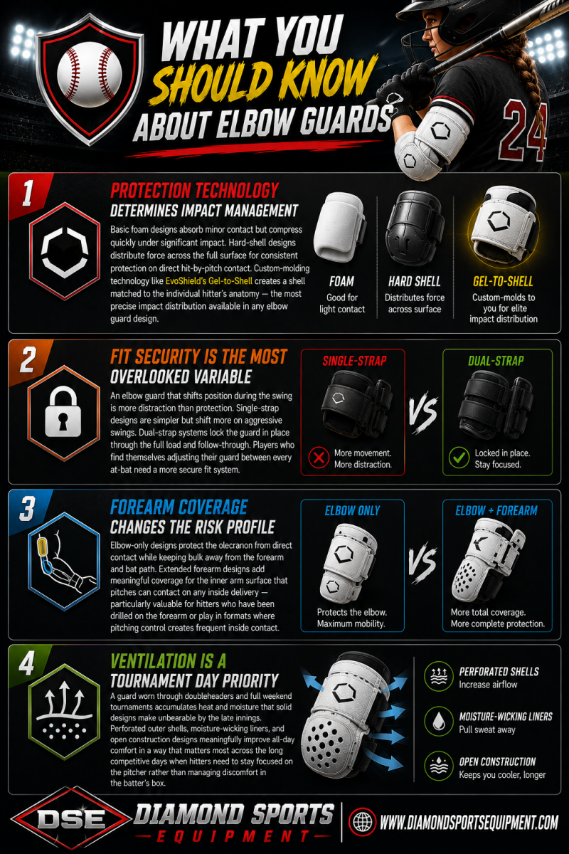 Elbow guards infographic explaining protection technology, fit security, forearm coverage, and ventilation features for baseball and softball hitters.