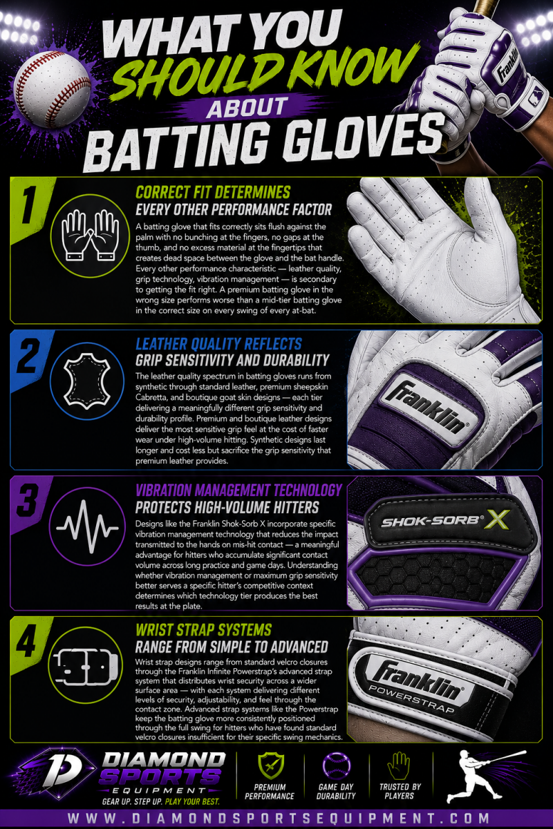 Batting gloves infographic covering glove fit, leather quality, vibration control, and wrist strap technology for baseball and softball hitters.