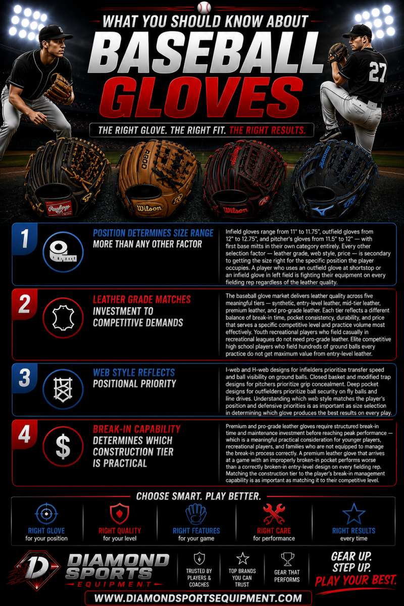 Baseball gloves infographic explaining position sizing, leather grades, web styles, and break-in considerations on a dark stadium background with Diamond Sports Equipment branding.