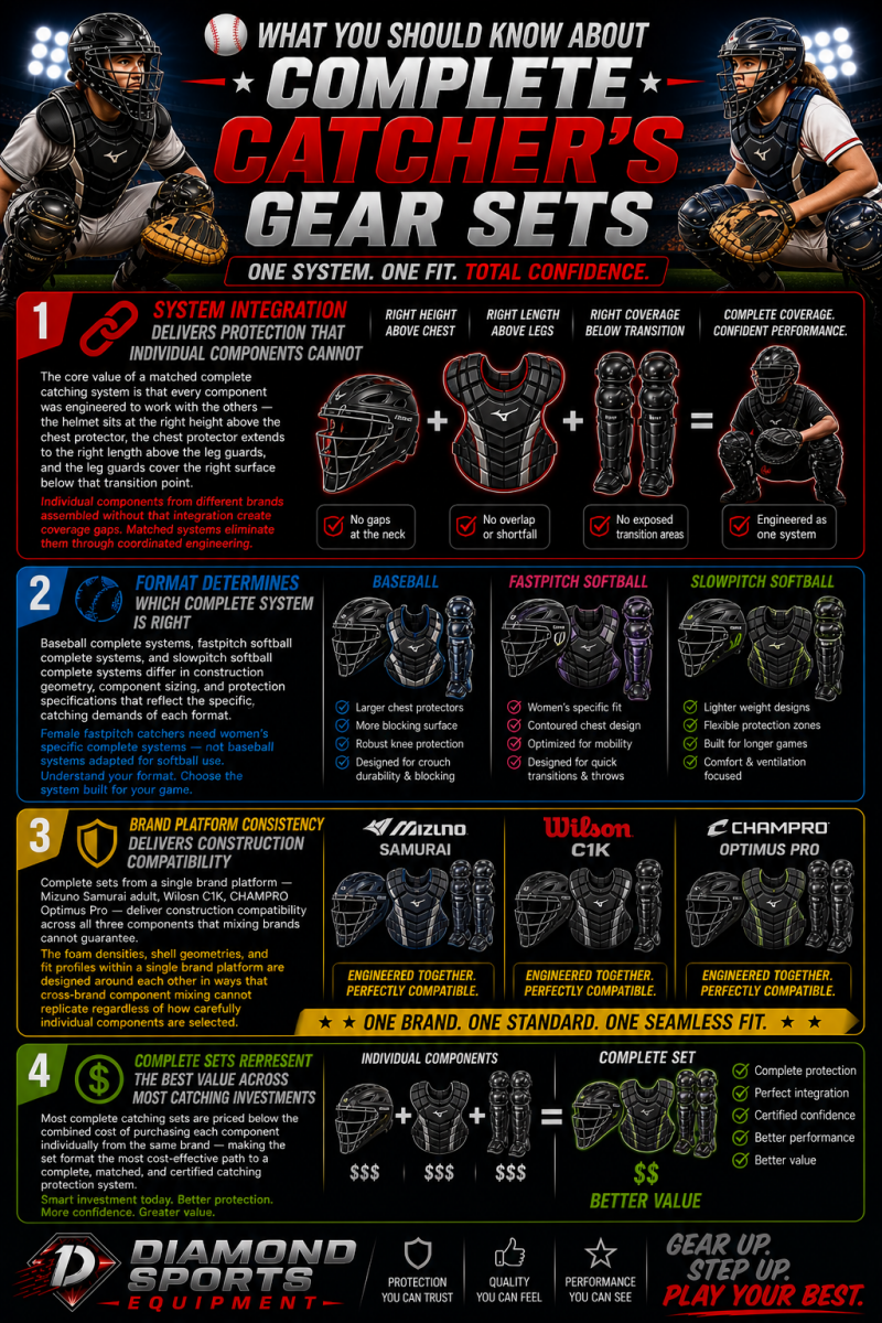Complete catcher’s gear sets infographic highlighting system integration, format differences, construction consistency, and value on a dark stadium background with Diamond Sports Equipment branding.