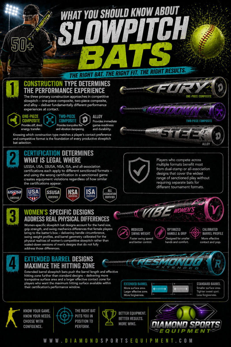 Slowpitch bats “What You Should Know” infographic covering construction types, certifications, women’s designs, and barrel length with Diamond Sports Equipment branding in the bottom left.