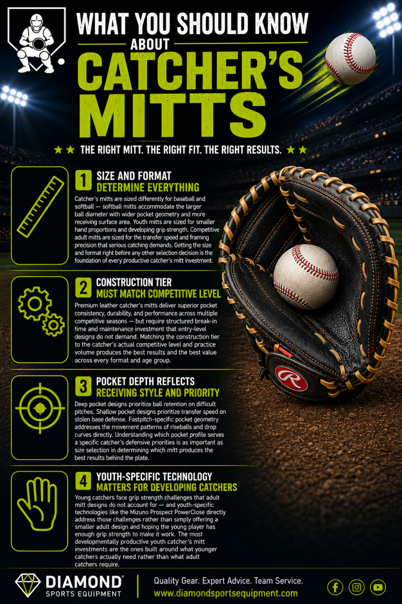 Catcher’s mitts “What You Should Know” infographic covering size, construction tier, pocket depth, and youth-specific technology on a dark stadium background with Diamond Sports Equipment logo and URL in the bottom left.