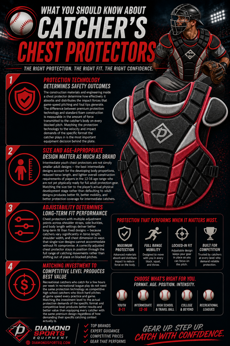 Catcher’s chest protectors “What You Should Know” infographic highlighting protection technology, sizing, adjustability, and value considerations on a dark stadium background with Diamond Sports Equipment logo and URL in the bottom left.
