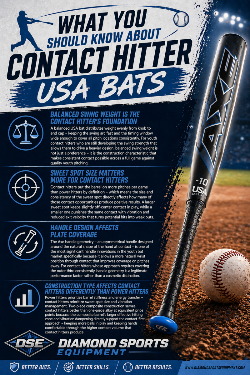 USA contact bats “What You Should Know” infographic covering balanced swing weight, sweet spot size, handle design, and construction differences with DSE branding.