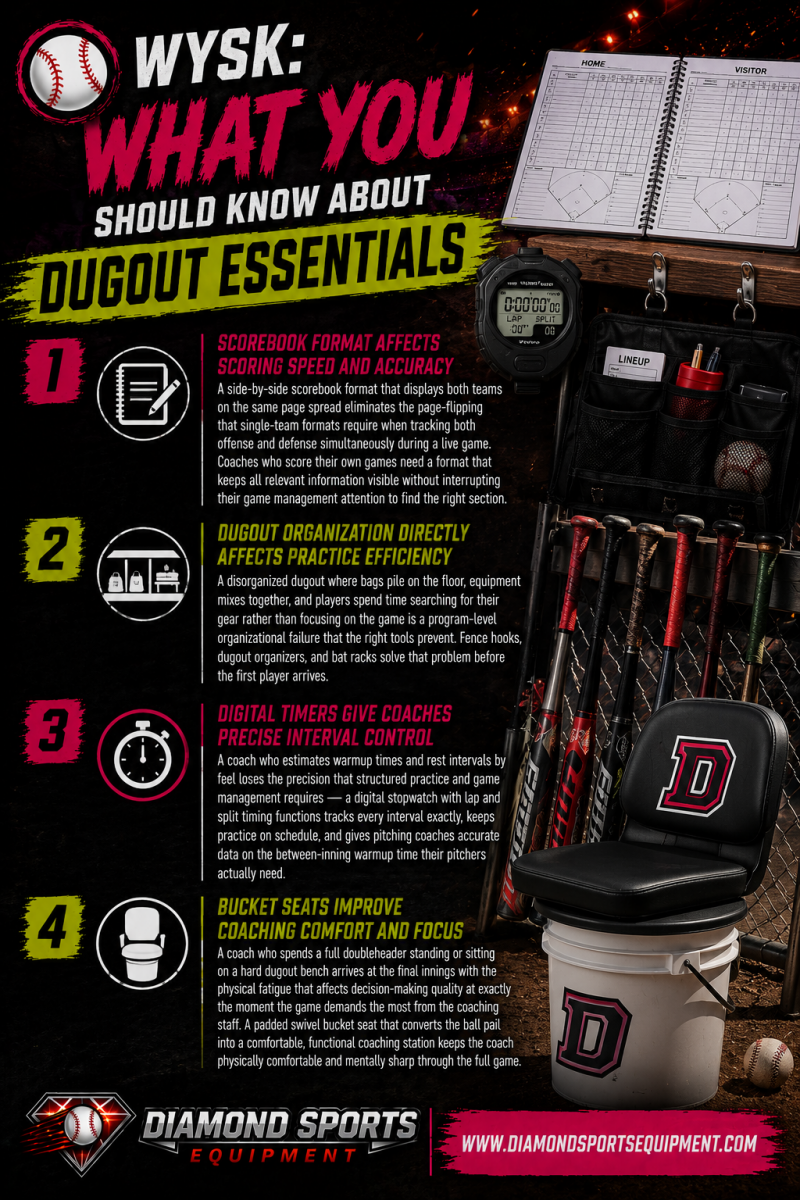 Dugout Essentials infographic covering baseball and softball scorebooks, dugout organization tools, digital stopwatches, and padded bucket seats for coaches and team management.