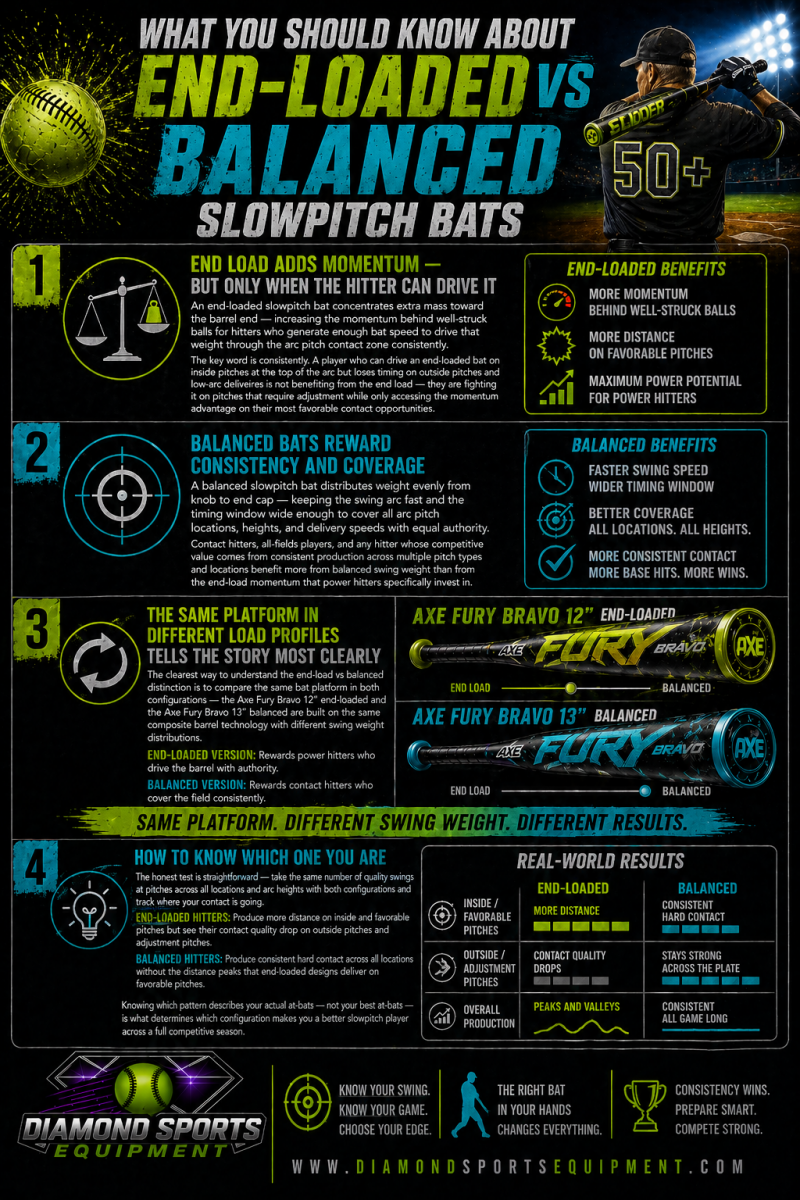 End-loaded vs balanced slowpitch bats “What You Should Know” infographic covering swing weight differences, barrel impact, platform comparisons, and player fit with DSE branding.