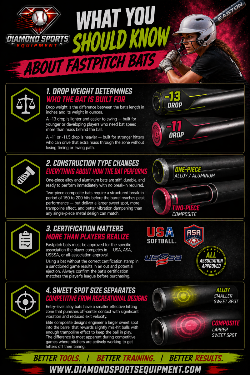 Fastpitch bats “What You Should Know” infographic covering drop weight, construction, certification, and sweet spot with DSE branding.
