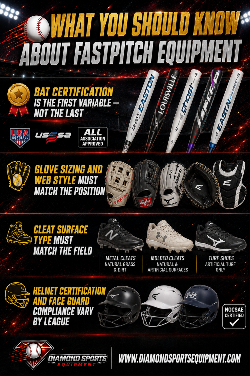 Easton Ghost, Louisville Slugger, Rawlings, Mizuno, New Balance, and Under Armour fastpitch equipment infographic.