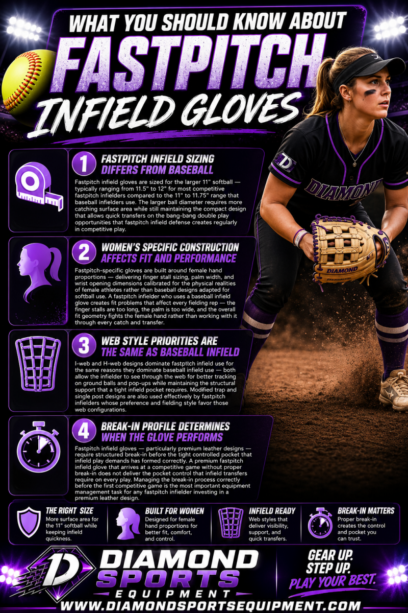 Fastpitch infield gloves infographic explaining sizing, women’s-specific fit, web styles, and break-in profiles on a purple stadium background with Diamond Sports Equipment branding and bright white website URL.