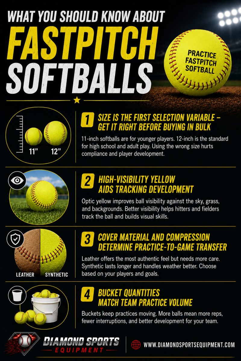 Fastpitch softball infographic featuring softball sizes, practice buckets, and training softballs with Diamond Sports Equipment branding.