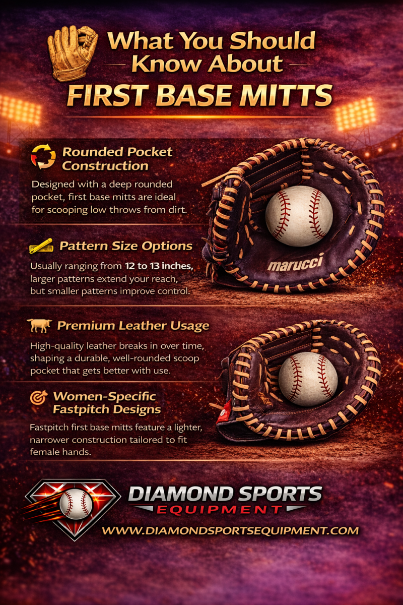 First base mitt guide infographic covering pocket design, sizing, leather quality, and fastpitch fit differences