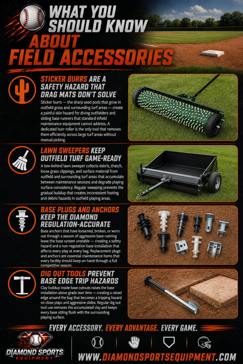 Field Accessories infographic featuring burr rollers, lawn sweepers, base anchors, and dig out tools with Diamond Sports Equipment branding.