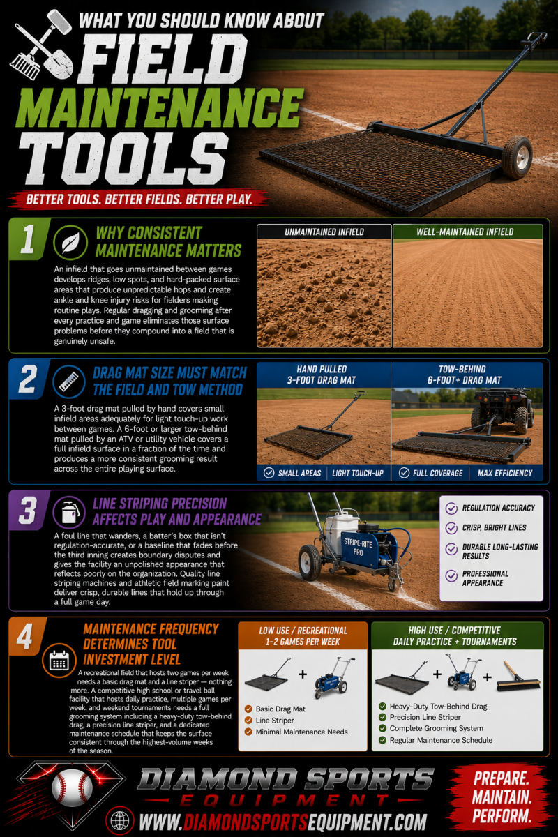 Field maintenance tools infographic explaining infield grooming, drag mat sizing, line striping precision, and maintenance schedules for baseball and softball fields.