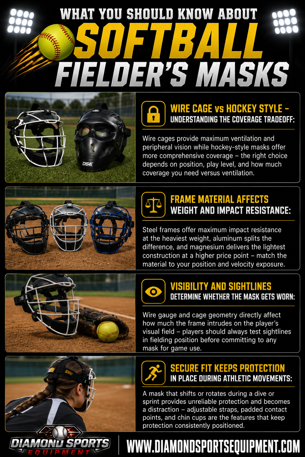 Softball Fielder's Masks infographic covering wire cage vs hockey style masks, frame materials, visibility and sightlines, and secure fit.