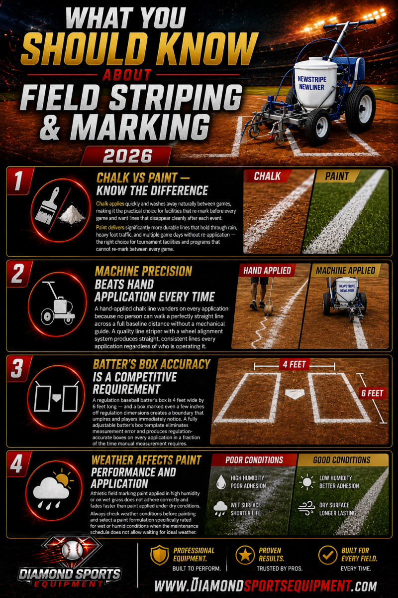 Field Striping & Marking infographic featuring line striping machines, chalk vs paint comparisons, and batter’s box marking tips.