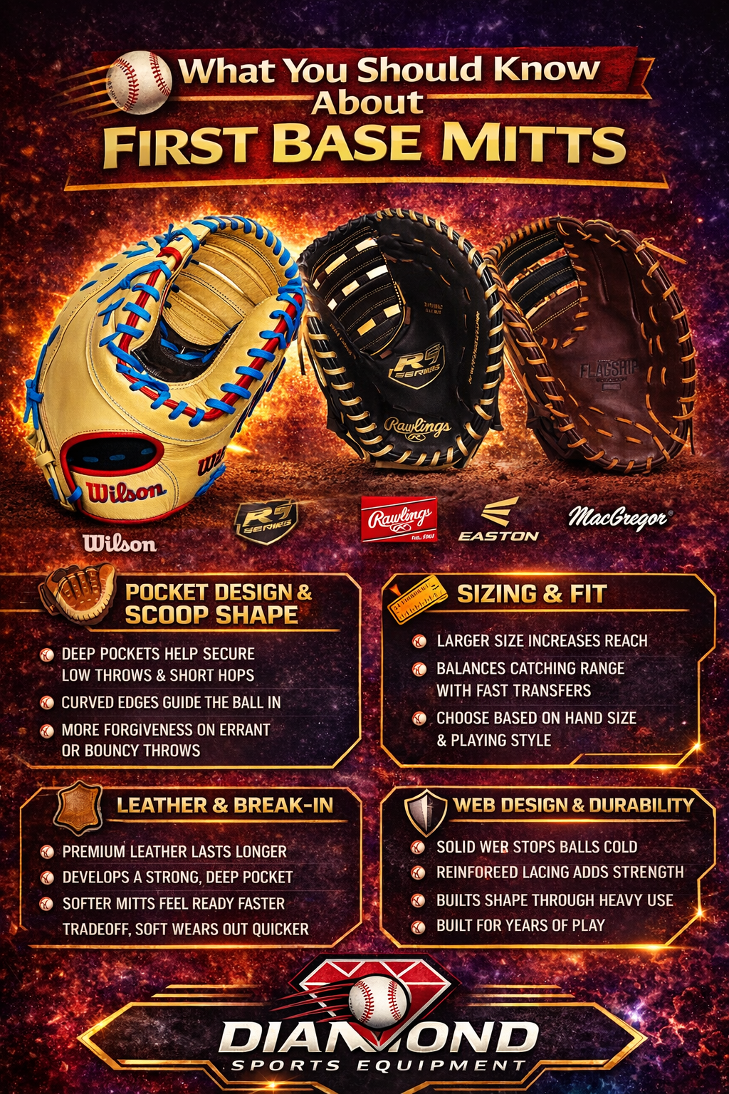 What baseball and softball players should know about first base mitts in 2026 — pocket design, sizing, leather construction, and web durability — Diamond Sports Equipment.