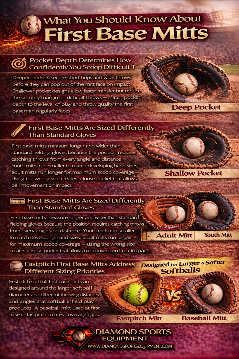 Infographic explaining pocket depth, sizing differences, leather quality, and fastpitch-specific mitt design with cosmic styling and Diamond Sports Equipment branding.
