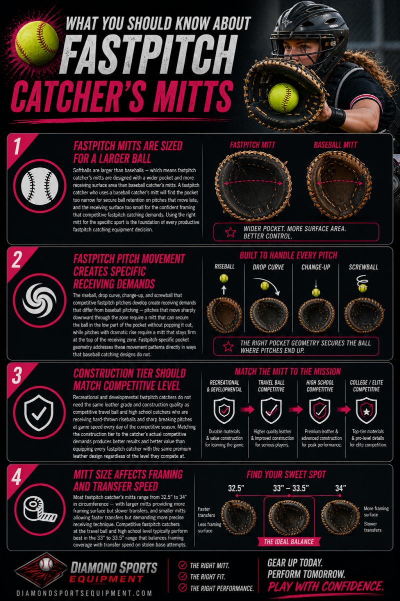 Fastpitch catcher’s mitts “What You Should Know” infographic covering sizing, pocket design, construction level, and performance differences with Diamond Sports Equipment logo and URL in the bottom left.