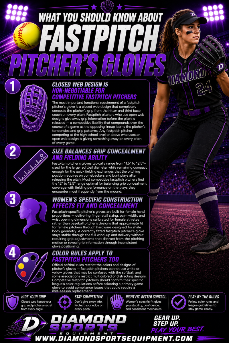 Fastpitch pitcher’s gloves infographic explaining closed web designs, sizing, women’s-specific fit, and softball glove color rules on a purple stadium background with Diamond Sports Equipment branding and bright white website URL.