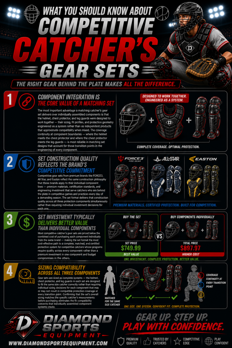 Competitive catcher’s gear sets infographic highlighting integration, construction quality, value, and sizing on a dark stadium background with Diamond Sports Equipment branding.