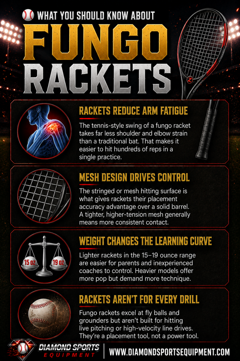 Fungo rackets infographic explaining arm fatigue reduction, mesh control, ideal weight range, and best coaching drill applications.