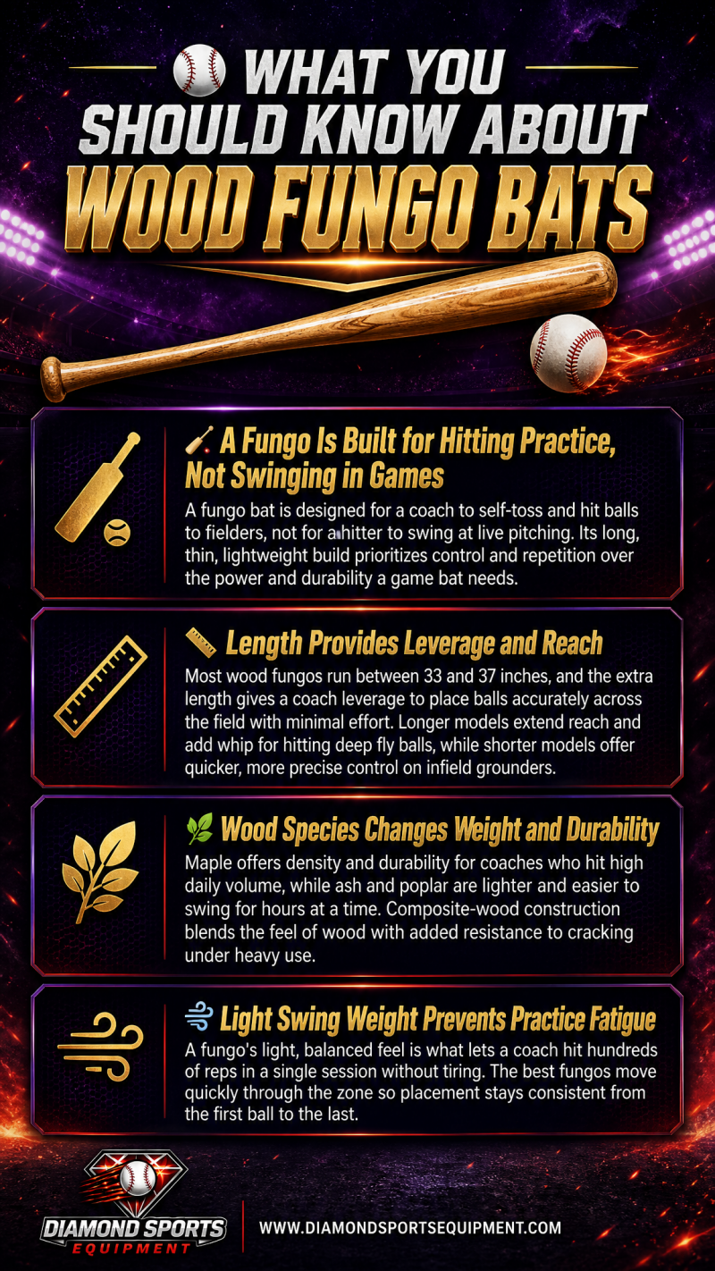 Wood fungo bat guide showing practice-only design, bat length, wood species, and lightweight construction for baseball coaching drills.