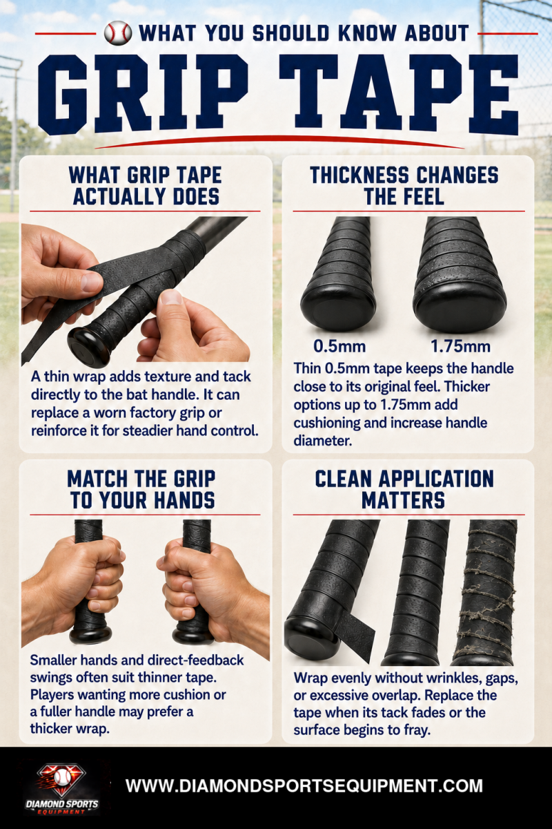 Bat grip tape guide covering what it does, thickness and feel, matching grip to your hands, and clean application.