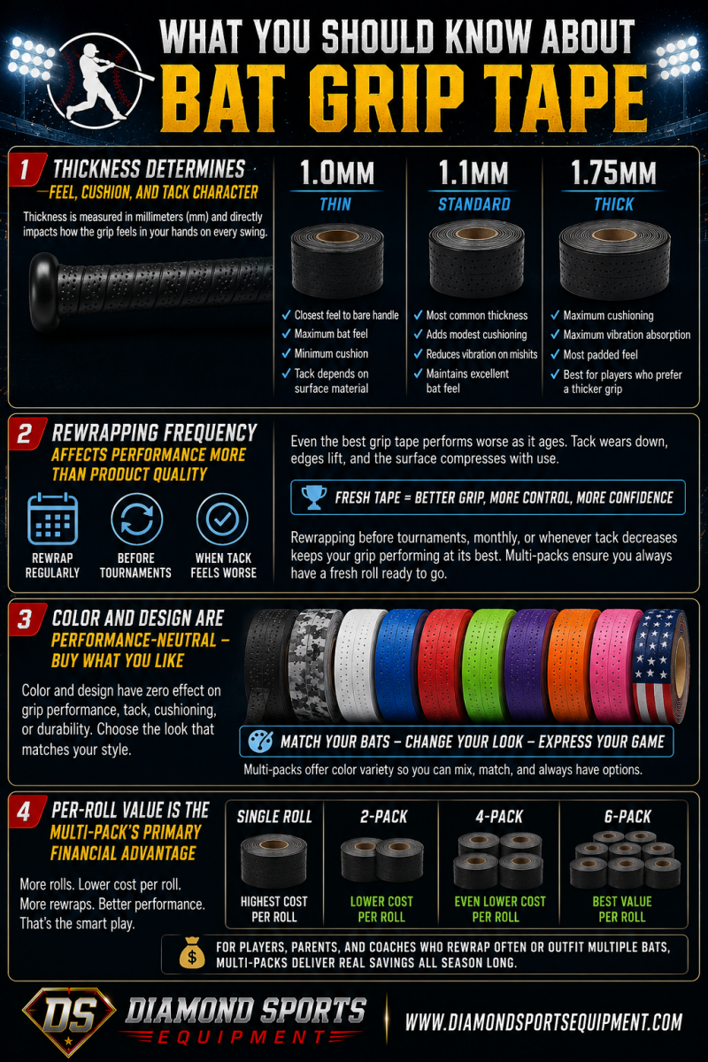 Baseball bat grip tape infographic covering grip thickness, bat handle cushioning, rewrapping frequency, grip tape color options, and multi-pack bat grip value with Diamond Sports Equipment branding.