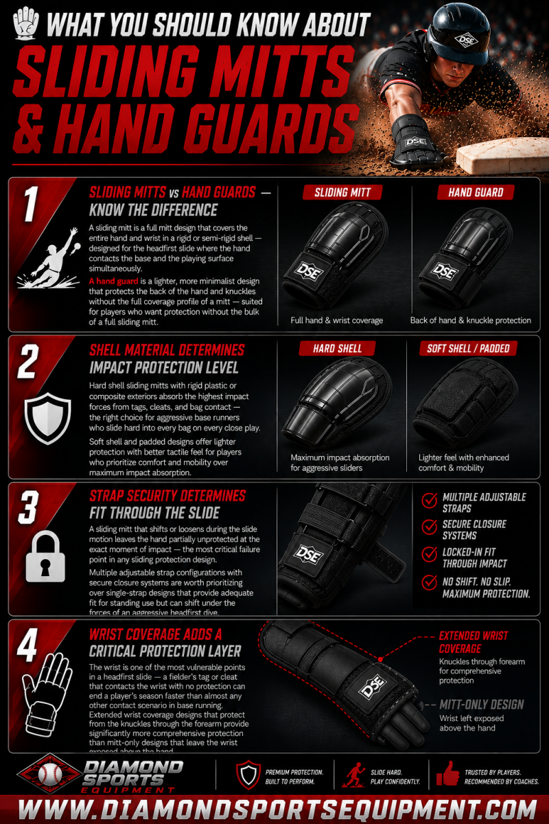 Sliding Mitts & Hand Guards infographic covering sliding mitt protection, hand guards, wrist coverage, and baseball sliding safety equipment.