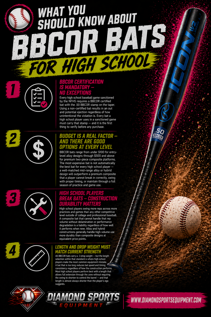 BBCOR high school bats “What You Should Know” infographic covering certification, budget, durability, and sizing with DSE branding.