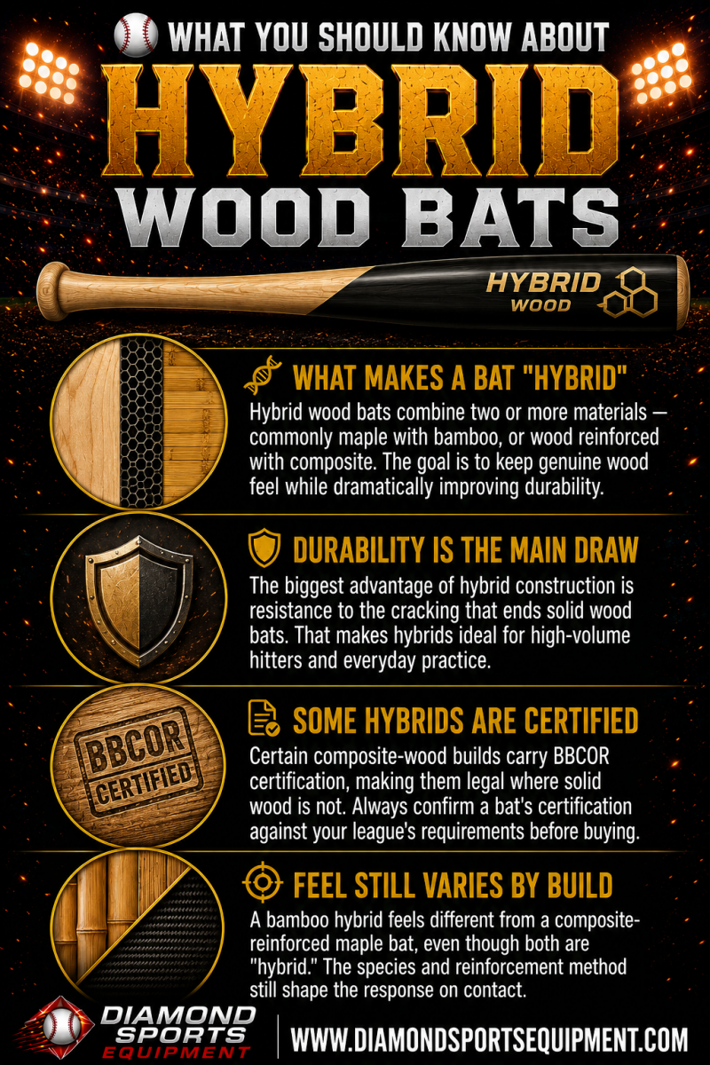 Hybrid wood bat guide covering hybrid bat construction, durability, BBCOR certification, and performance differences between bamboo and composite wood bats.