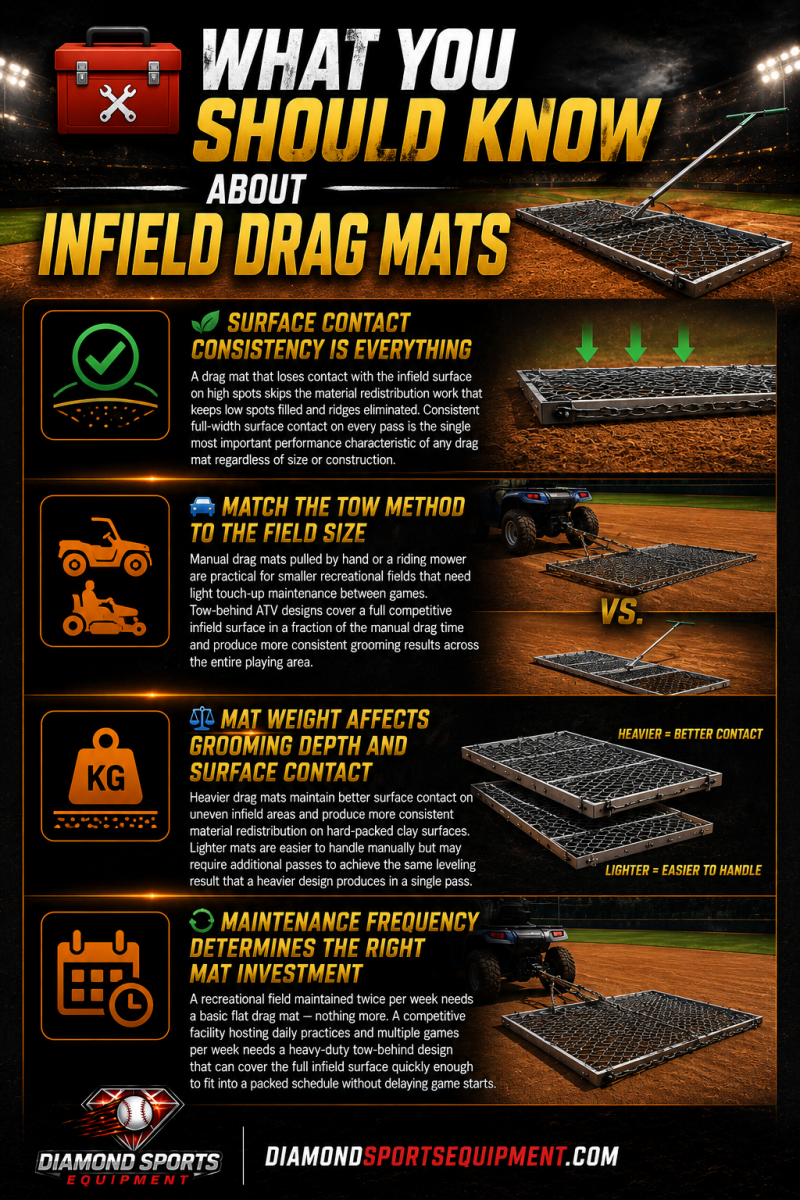 What You Should Know About Infield Drag Mats infographic featuring drag mat maintenance tips, tow-behind field grooming equipment, and Diamond Sports Equipment branding.