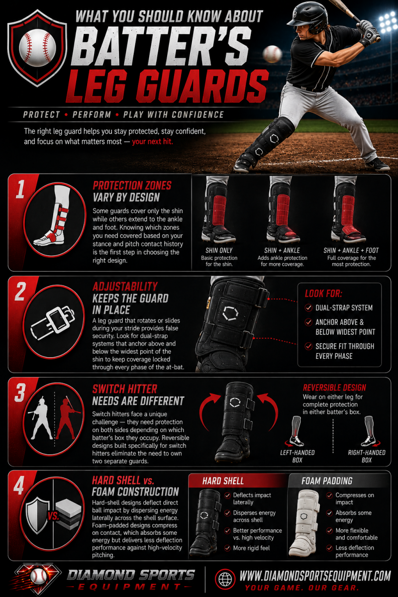 Batter’s leg guards infographic explaining protection zones, adjustable fit systems, switch hitter protection needs, and hard-shell vs foam construction for baseball hitters.