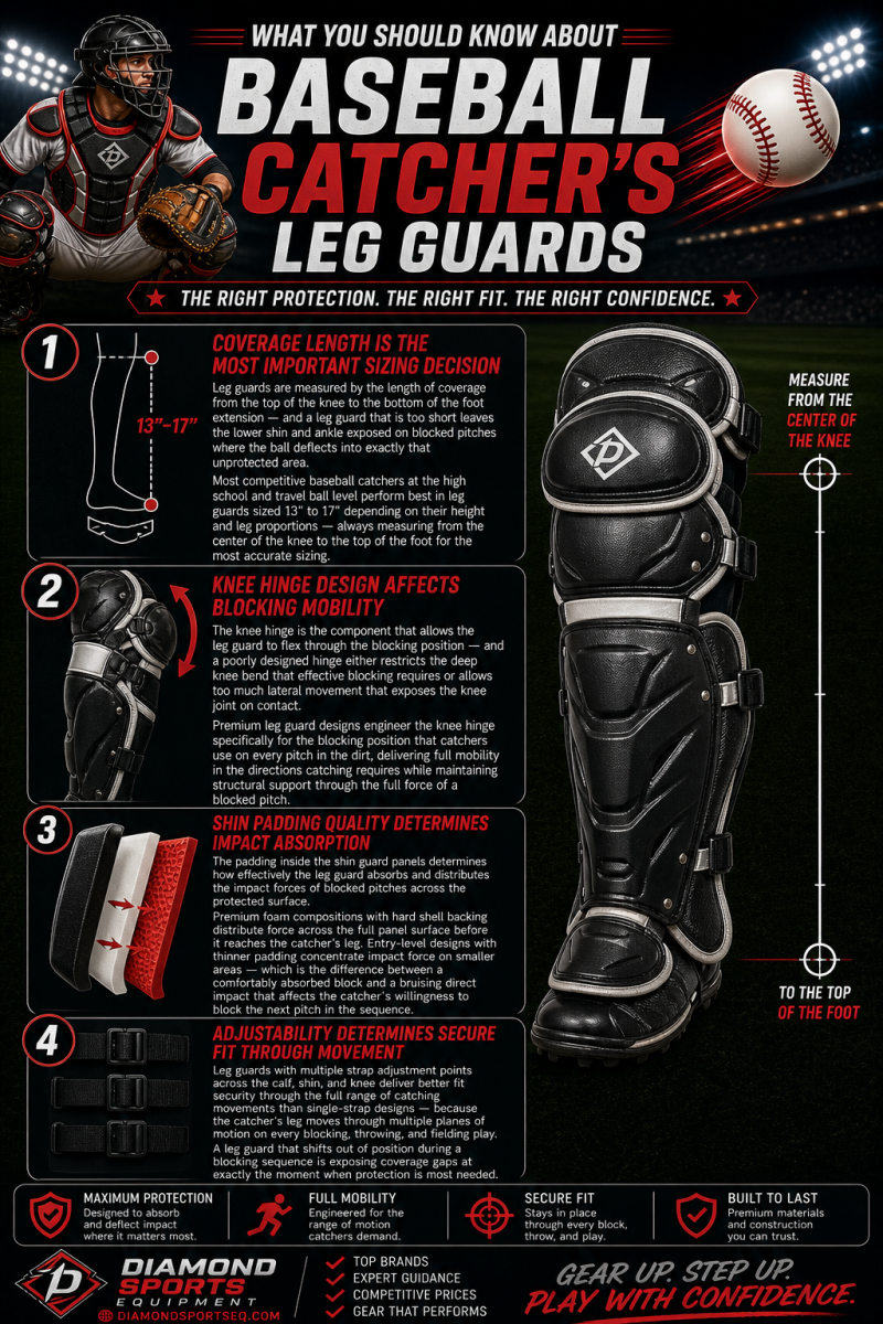 Baseball catcher’s leg guards “What You Should Know” infographic highlighting sizing, knee hinge mobility, shin padding quality, and adjustability on a dark stadium background with Diamond Sports Equipment logo and URL in the bottom left.