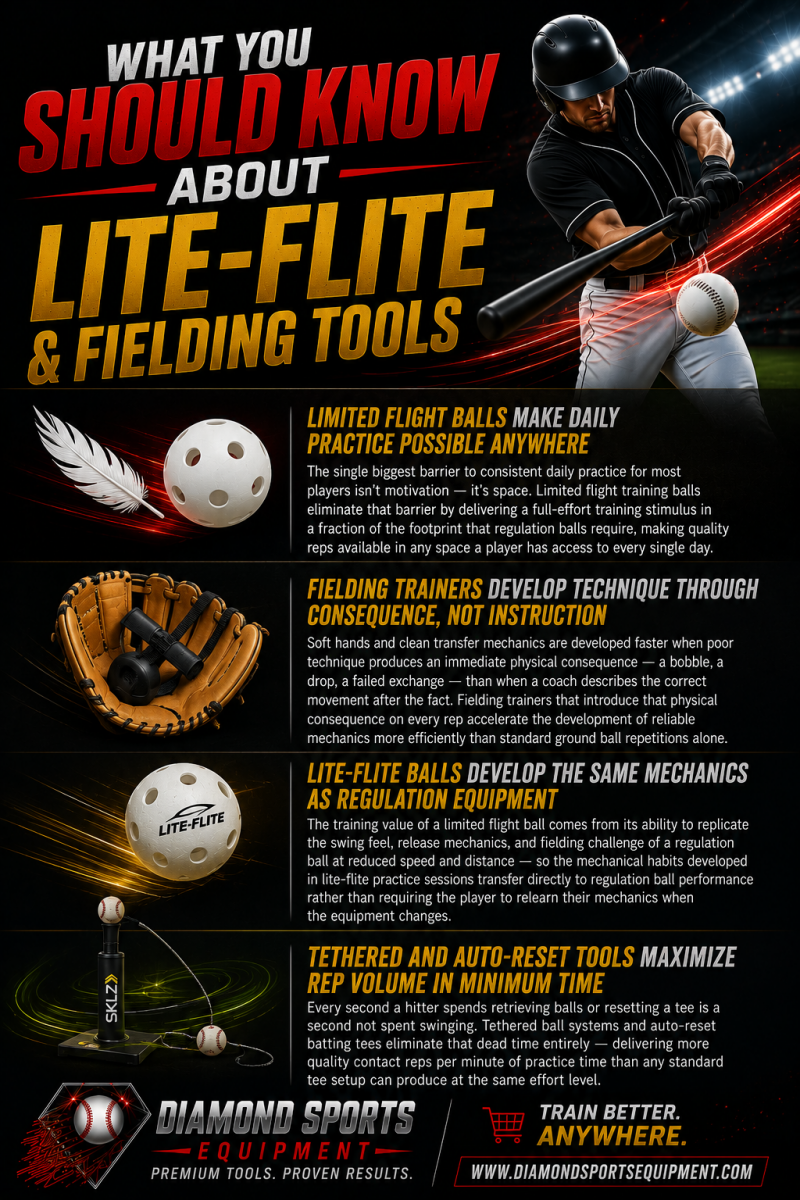 Baseball Lite-Flite training balls and fielding tools infographic for indoor and backyard baseball practice featuring limited flight balls, fielding trainers, auto-reset batting tees, and Diamond Sports Equipment branding.