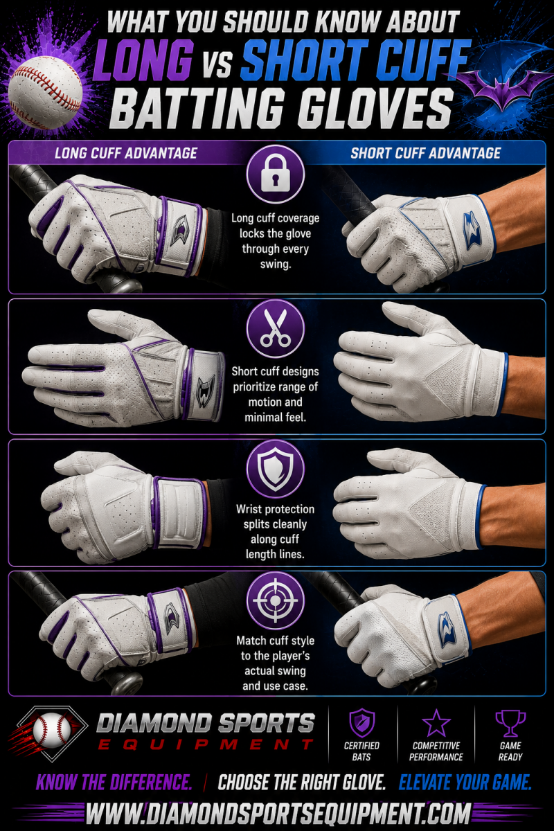 Bruce Bolt Long Cuff, Franklin CFX Pro, EvoShield Pro SRZ, and Nike Alpha batting gloves comparison showing long cuff vs short cuff batting glove designs and wrist coverage.