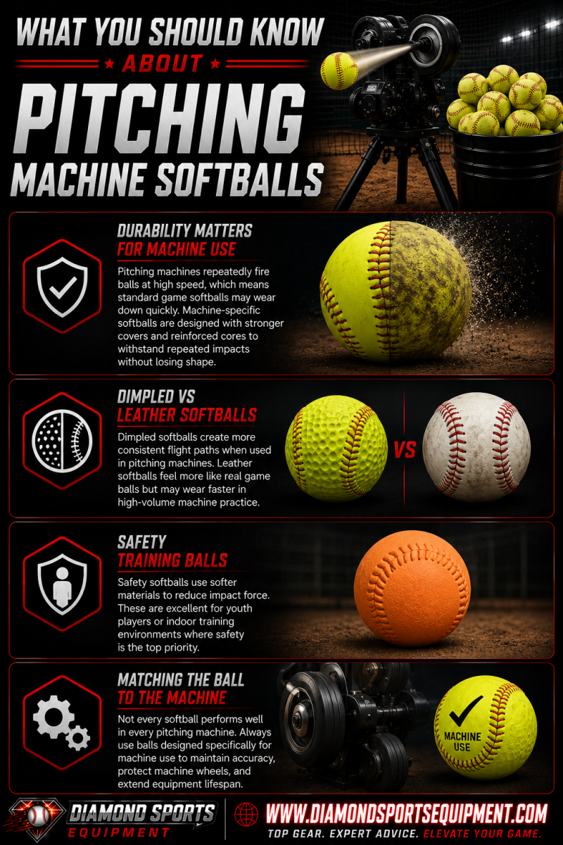 Pitching machine softballs infographic covering machine-ball durability, dimpled vs leather softballs, safety training balls, and machine compatibility for softball practice.