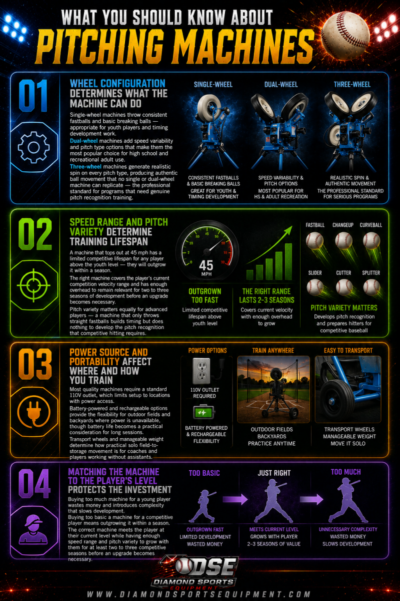 Baseball pitching machines infographic featuring single-wheel, dual-wheel, and three-wheel machine comparisons, pitch speed development, portability features, player progression guidance, and cosmic stadium graphics.